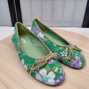 Rebels Green Purple Floral Fabric w/ Suede & Sequins Slip On Flats Women US 7.5